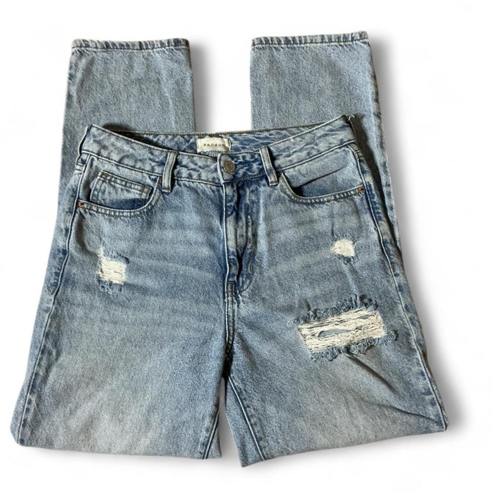 PacSun Mom Jeans Light Wash‎ Distressed High Waisted Denim Blue Size 26